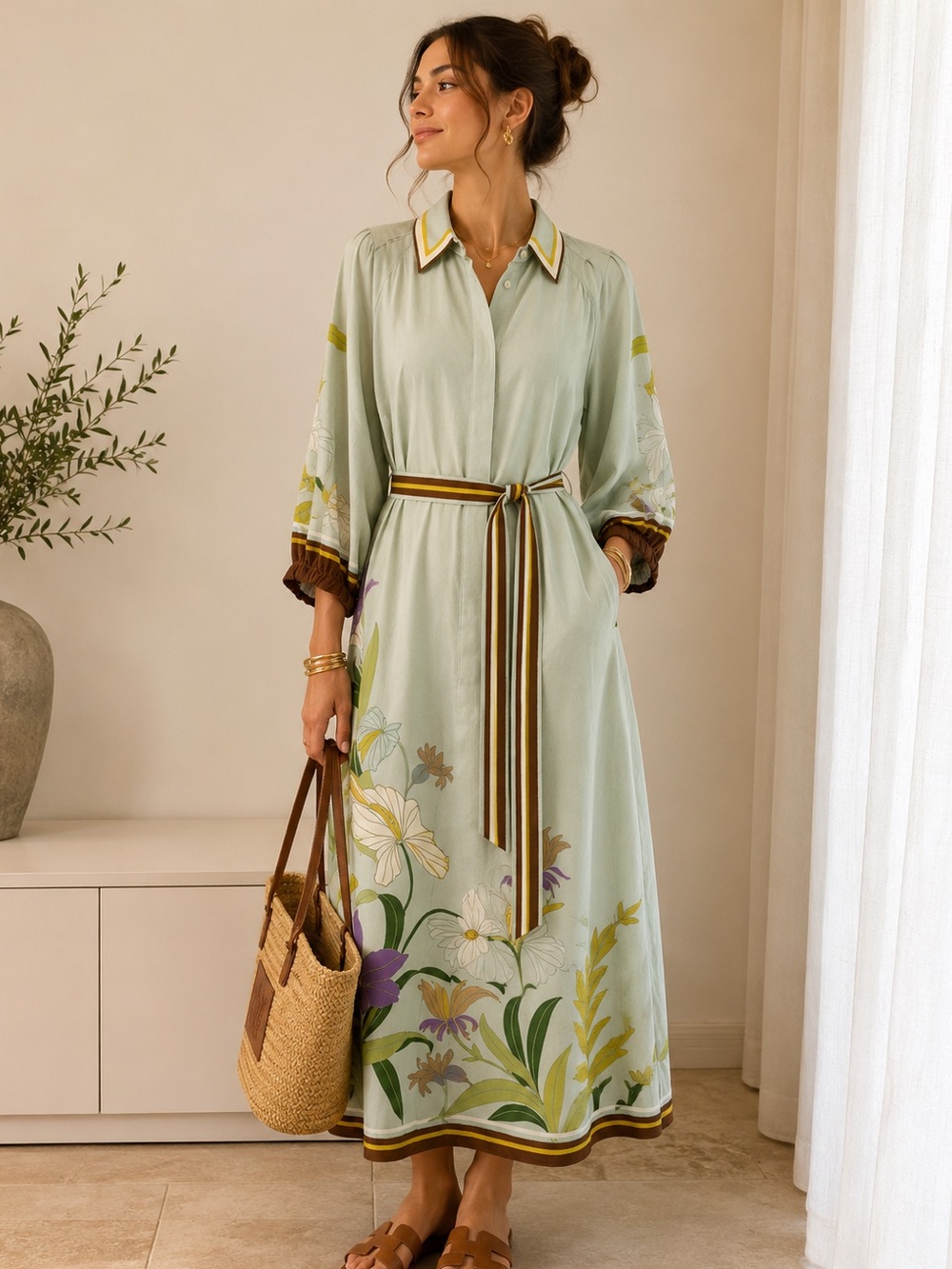 Alemais Sage Green Floral Tie-Waist Maxi Dress Oversized